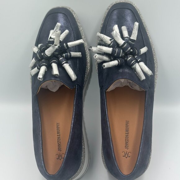 Johnston & Murphy Gracelyn Navy Metallic Tassel Platform Loafer Size 8.5 - Picture 2 of 6
